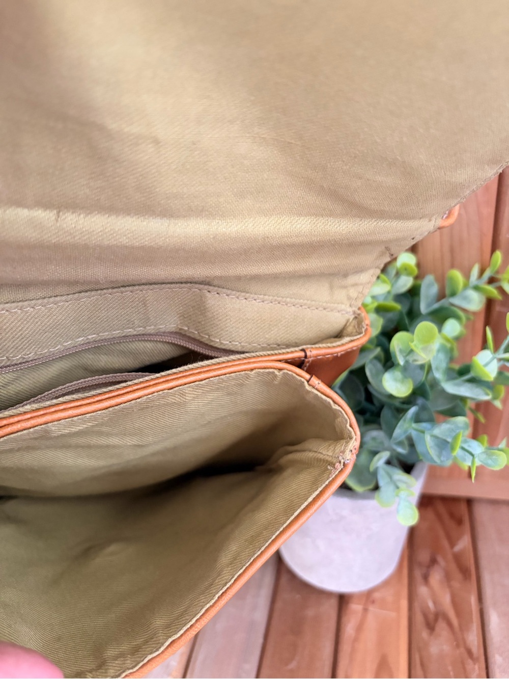 LC Lauren Conrad Vintage Leather Crossbody Bag, Cognac Patina, Green Interior - Picture 7 of 11